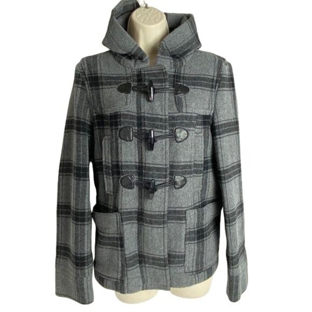 Aeropostale Eighty Seven Coat Plaid Wool Blend Toggle Duffle Hooded Zip Up‎ Sz M